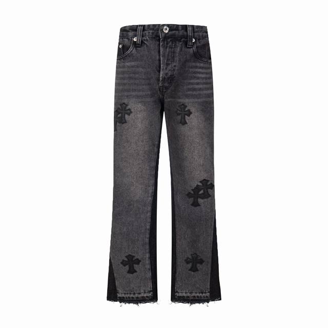高版本Chrome Hearts克罗心 X Gallery Dept.联名皮标十字拼接微喇牛仔裤，男女同款，年度爆款。多处拼接本身难度极高费时费力，真实还原Vi