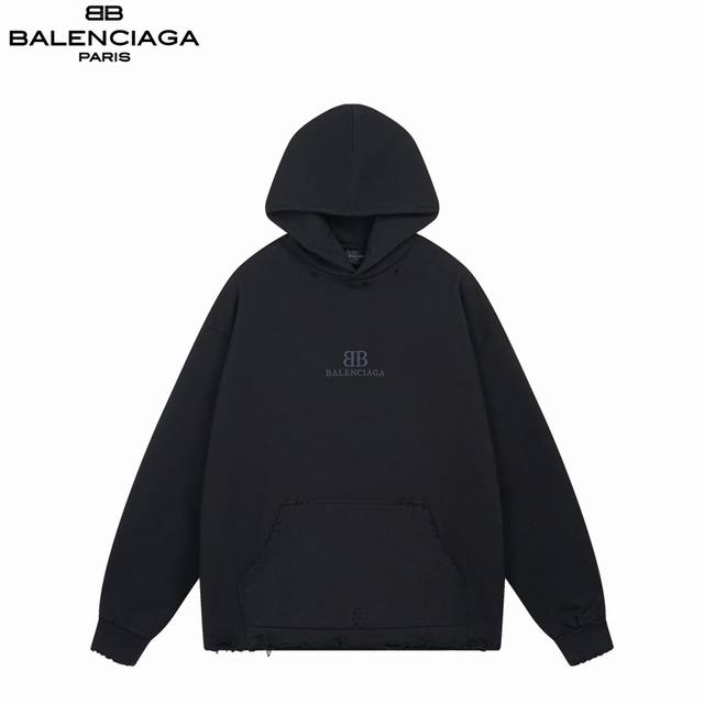 Balenciaga 巴黎世家 25Fw暗标破坏下摆连帽卫衣 砖柜同步。做旧磨烂Zp一致，欢迎对比 面料采用巴黎Zp定织定染全棉毛圈大卫衣.克重460克，布面干