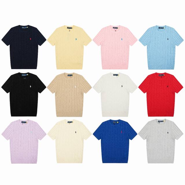 R38合集 Ralph Lauren 拉夫劳伦夏季针织绞花小马刺绣圆领毛衣短袖T恤 官网同步 女装上衣 尺码：S-Xl 颜色：灰色 蓝色 粉色 紫色 浅蓝色 白