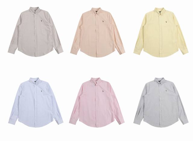 R42 Polo Ralph Lauren拉夫劳伦牛津纺条纹Logo刺绣排扣翻领长袖休闲衬衫 颜色：蓝白 灰白 橘粉 咖色 嫩粉 嫩黄 男女同款 自带氛围感 兼