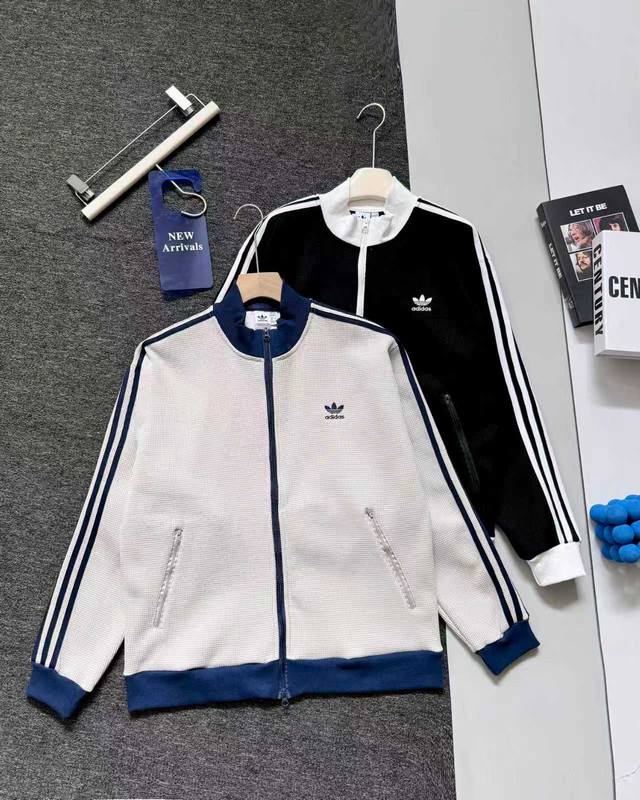 实拍细节图 控 Adidas Originals Track Top Ss25 Knit 品牌Logo三条纹华夫格立领运动宽松长袖夹克 Adidas阿迪达斯秋三