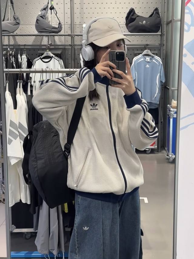 控 Adidas Originals Track Top Ss25 Knit 品牌Logo三条纹华夫格立领运动宽松长袖夹克 Adidas阿迪达斯秋三叶草男女同款