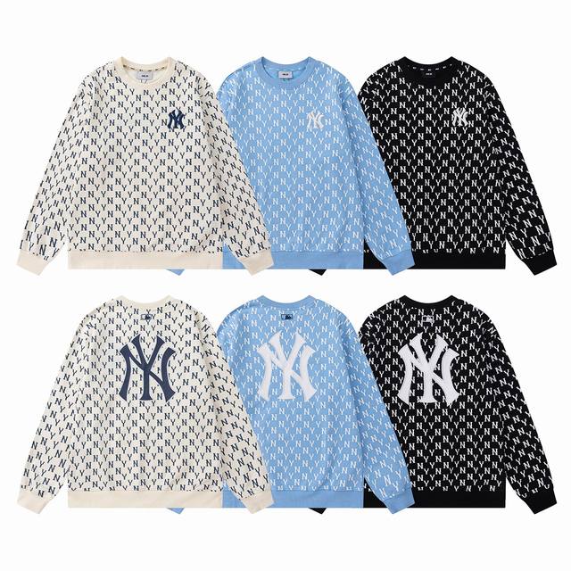 款号808 Mlb 纽约洋基队 满印Logo圆领套头长袖卫衣 颜色 黑色 蓝色 奶油色 尺码 S M L Xl Xxl