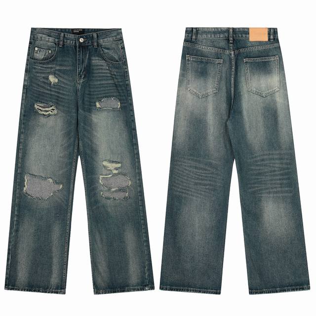款号E60 白底图实拍 今年穿富二代一定会暴富 Enfants Riches Deprimes Erd忧郁的富二代24Ss宽松直筒垂感破洞补丁做旧洗水蓝牛仔长裤