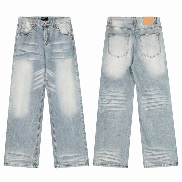 款号E60 白底图实拍 今年穿富二代一定会暴富 Enfants Riches Deprimes Erd忧郁的富二代24Ss直筒猫须浅蓝色素牛做旧洗水蓝牛仔长裤