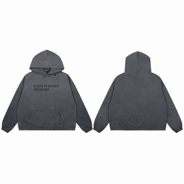 款号E30 实拍 今年穿富二代一定会暴富 白敬亭同款 Enfants Riches Deprimes 忧郁的富二代基础标语虫洞破坏喷马骝渐变款短宽版型帽衫 面料