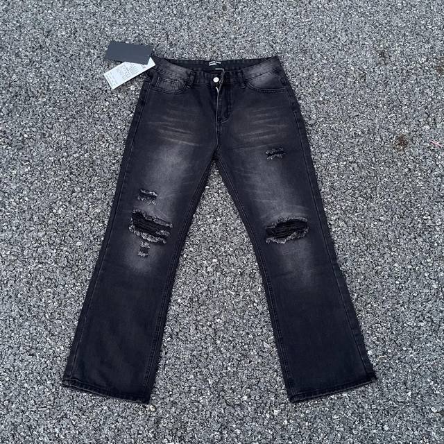 款号E20 今年穿富二代一定会暴富 Enfants Riches Deprimes Erd忧郁的富二代24Ss破洞做旧裂纹水洗黑宽松直筒牛仔裤 尺码28-36
