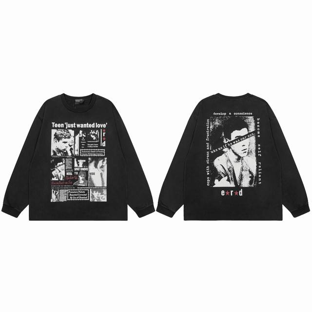 款号800 实拍 今年穿富二代一定会暴富 Enfants Riches Deprimes 忧郁的富二代“报纸男孩人像”长袖 洗水做旧 下摆卷边设计 面料采用定织