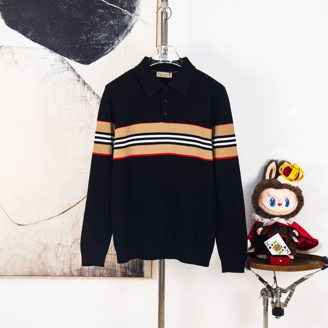 Zp版本［独家供应］ Burberry 巴宝莉 秋冬季新款针织弹力翻领长袖，男士时尚条纹撞色拼接超轻薄透气针织长裤Polo衫！秋冬季节想要穿得减龄又显活力，必须
