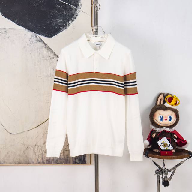 Zp版本［独家供应］ Burberry 巴宝莉 秋冬季新款针织弹力翻领长袖，男士时尚条纹撞色拼接超轻薄透气针织长裤Polo衫！秋冬季节想要穿得减龄又显活力，必须