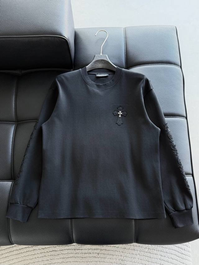 Chrome Hearte 克罗心 Ch 新款 十字架马蹄克罗心梵文 立体贴布秀工艺，水洗磨破，双面棉面料，同缸定染特种加粗32支双股1X1螺纹。.轻奢主义，男