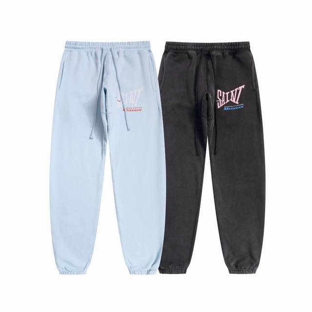 美潮Saint Michael“Smokers Fantasy“字母印花水洗做旧系带宽松束脚加绒卫裤 款号：Sm639 码数：S-M-L-Xl 颜色：黑色-浅蓝