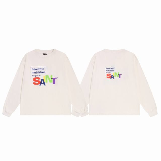 欧美重磅Saint Michael 彩色字母复古印花做旧休闲宽松长袖打底T恤 面料：260G 款号：Sm665 码数：S-M-L-Xl 颜色：白色 价格P：