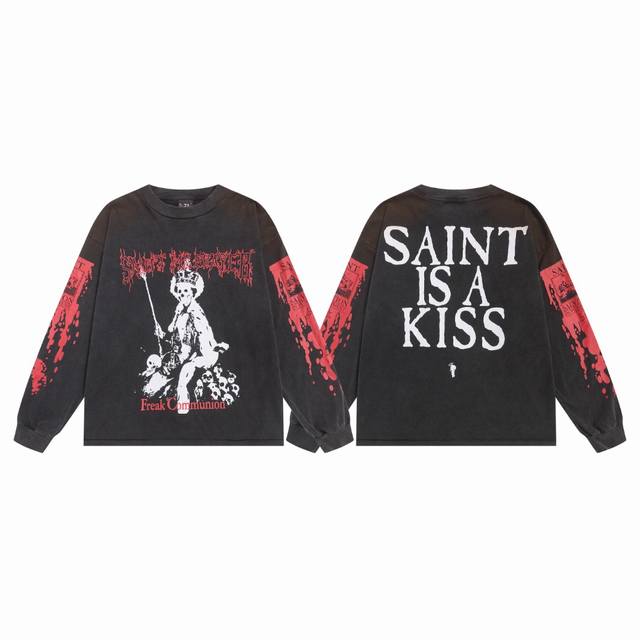 Saint Michael 复古骷髅王座印花水洗做旧打底衫休闲宽松长袖T恤 面料：260G 款号：Sm656 码数：S-M-L-Xl 颜色：黑色 价格P：