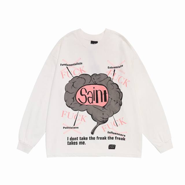 Saint Michael潮牌高街小脑子印花做旧复古休闲长袖宽松打底T恤 面料：260G 款号：Sm08 码数：S-M-L-Xl 颜色：白色 价格P：