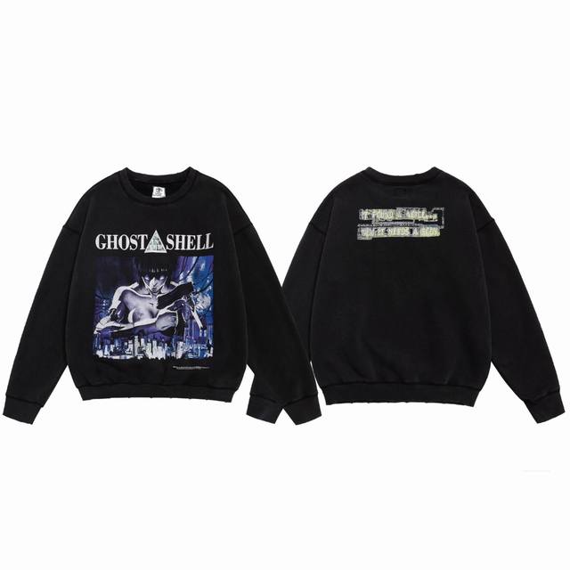 Saint Michael复古洗水做旧破坏重磅圆领加绒宽松套头卫衣长袖衫 面料：420G 款号：Sm605 码数：S-M-L-Xl 颜色：黑色 价格P：