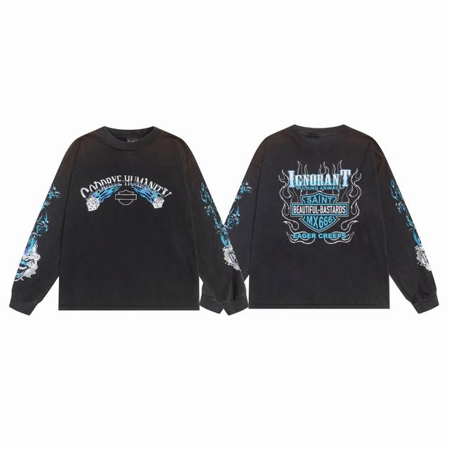 Saint Michael 重磅做旧洗水复古火焰骰子印花宽松圆领套头长袖T恤 面料：260G 款号：Sm662 码数：S-M-L-Xl 颜色：洗水黑 价格P：