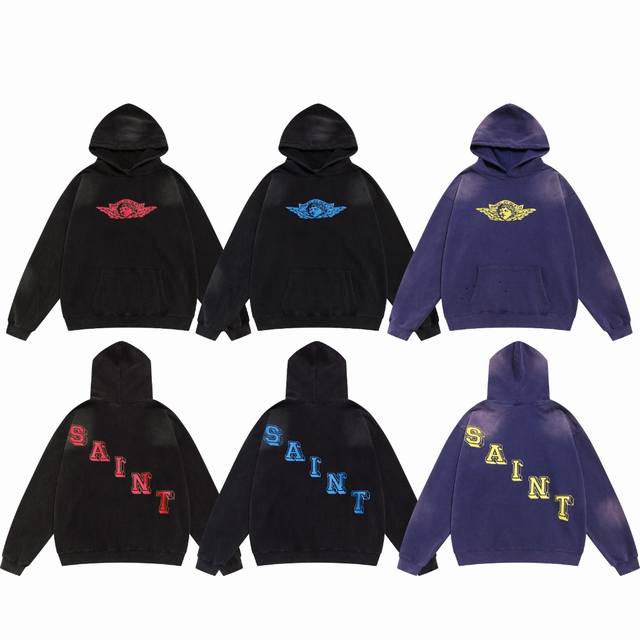 Saint Michael复古天使印花宽松重磅洗水做旧休闲Vintage连帽衫卫衣上衣 面料：420G 款号：Sm631 码数：S-M-L-Xl 颜色：黑红-黑