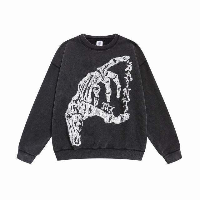 美式Saint Michael 骷髅手破裂印花复古做旧洗水宽松圆领加绒长袖卫衣 面料：420G 款号：Sm608 码数：S-M-L-Xl 颜色：黑色 价格P：