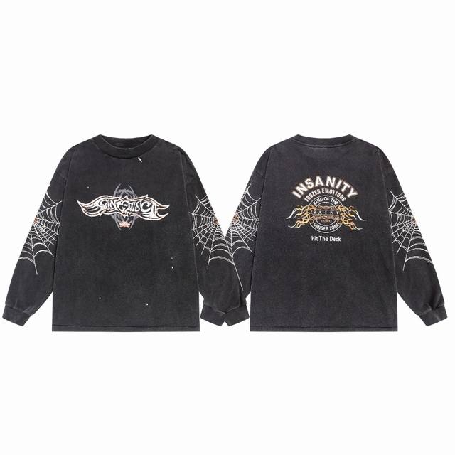 Saint Michael蜘蛛网泼墨Vtg美式高街水洗宽松长袖打底T恤 面料：260G 款号：Sm18 码数：S-M-L-Xl 颜色：黑色 价格P：