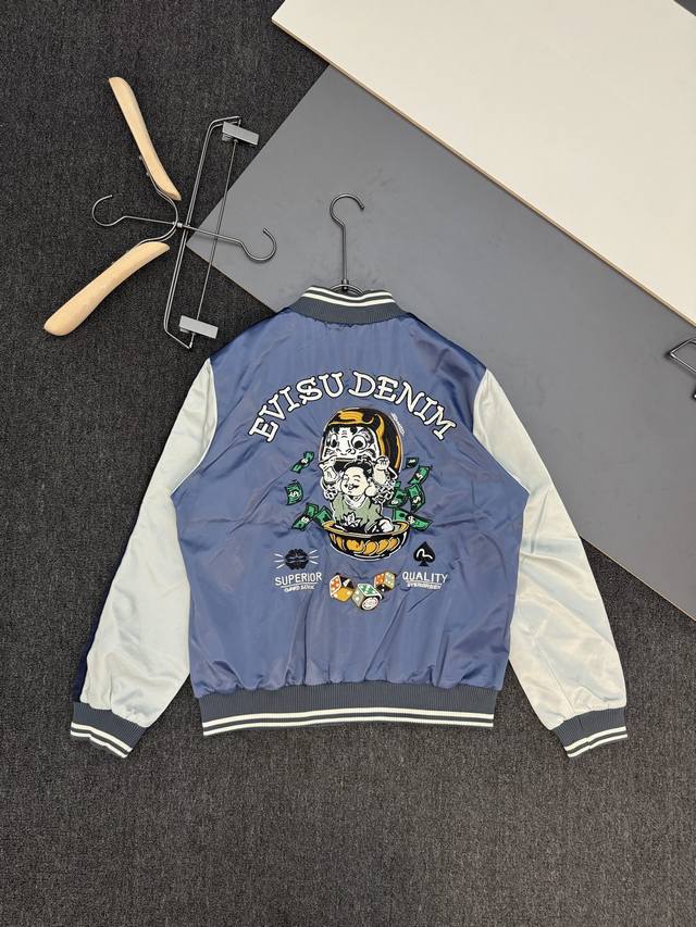 注→ 区别市场垃圾货 广州高版本对版对色 Evisu 福神24Ss新款秋冬商标及达摩佛头刺绣#加棉棒球服夹克拼接外套 尺码S-Xxl