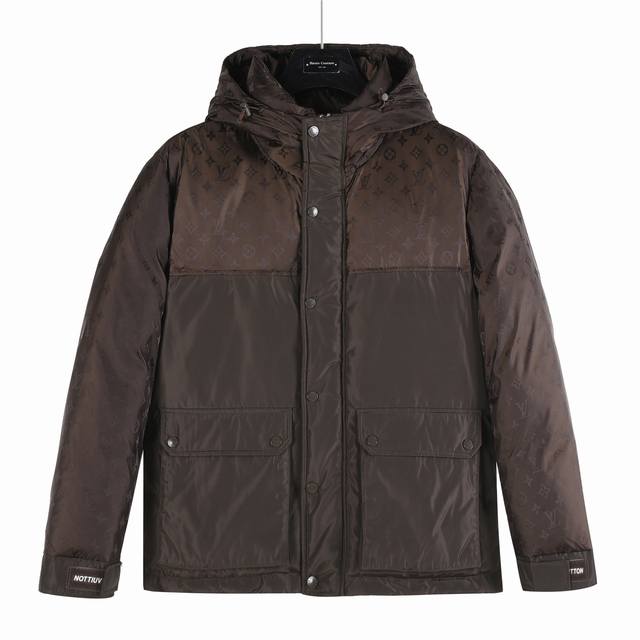 特级 ｜路易威登 双拼印老花 工装多功能口袋连帽 可卸帽 轻奢时尚羽绒服男女款 :48# 50# 52# 54# 56# 产品颜色：棕色