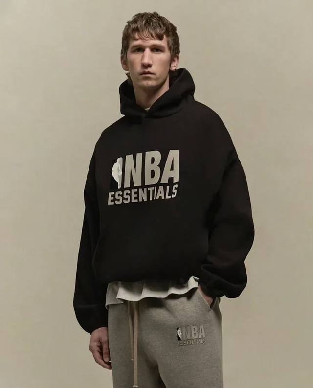 Fog-8839#Fog 复线Essentials X Nba 联名Logo印花拼接连帽男女同款黑色、灰色 S-Xl