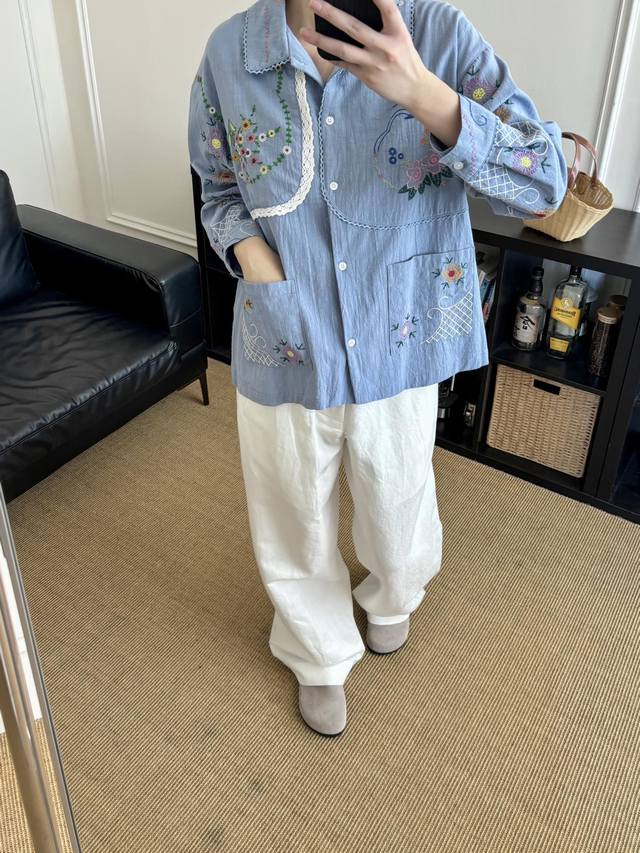 No Name上新 。45R日系小众~ 设计感重工彩线花卉刺绣 拼蕾丝花边薄棉短外套Sml