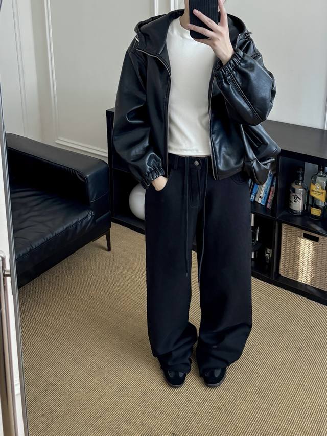 上衣 裤子 No Name上新 2025新款蛋白皮连帽拉链外套加绒直筒裤 显瘦高级 Sml