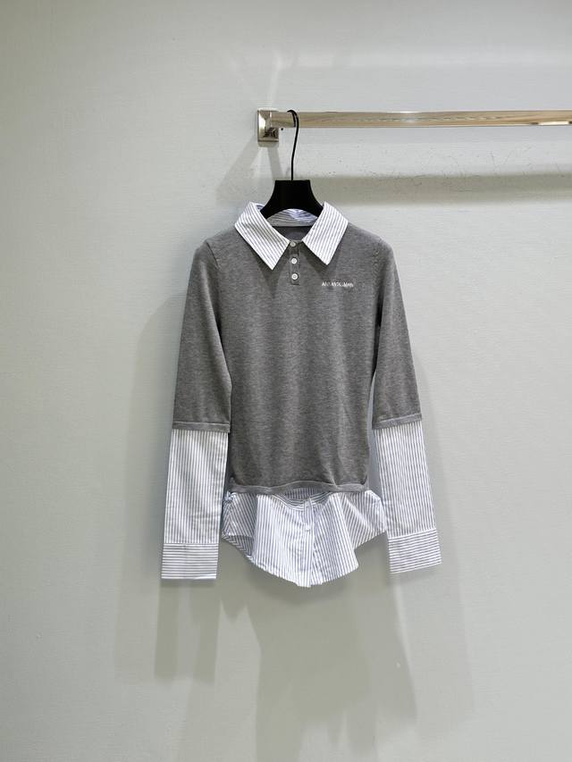 25Ss秋季新款上新！灰色主调搭配撞色条纹元素，这件假两件针织衫，轻松拿捏层次感。衬衫领与下摆的不规则设计 下摆可拆卸 复古又时髦，日常出街或通勤，回头率满满。