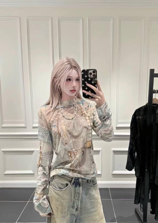 Acne Studi*S 25Fw早秋新款 蕾丝3D打印链条印花网纱长袖打底衫丨独家高版出品！谁懂这种淡淡薄荷色的老钱风氛围感啊啊啊[哇R][哇R][哇R]穿它