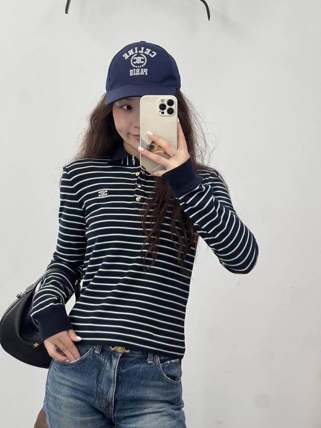 Celin* 25Fw秋冬新款 经典翻领条纹修身长袖T恤丨独家Yb开发！高版出品！这款条纹 Polo 衫太戳人啦～经典黑白条纹，简约又高级。Polo 领设计带点
