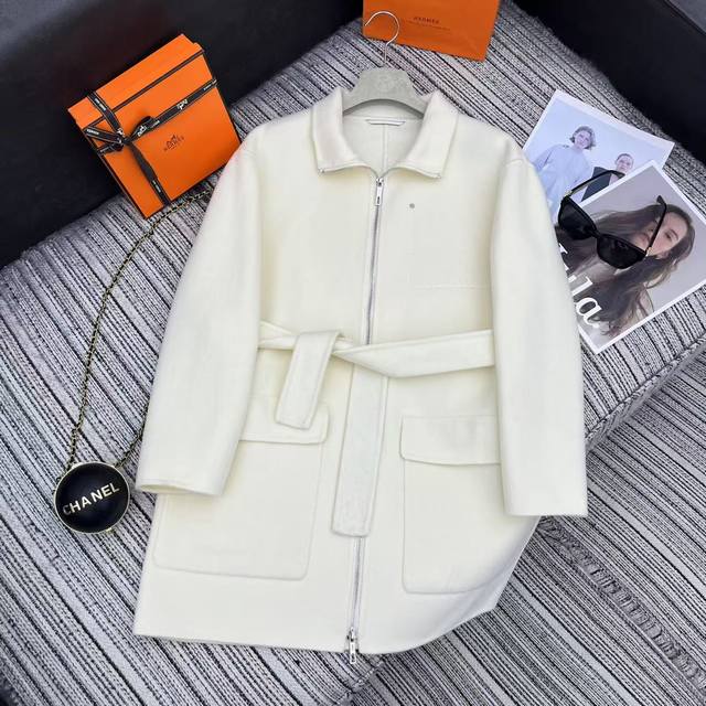 强烈推荐 25年早秋冬系列 Her*新款双面羊绒中长款大衣外套 腰间系腰带 简约大气 高端品质 三色Sml