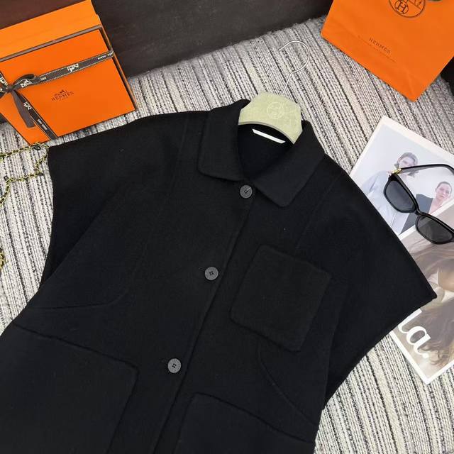 强烈推荐 25年早秋冬系列 Her*新款中长款双面羊绒翻领马甲外套 宽松版 知性简约大气 三色Sml