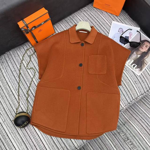 强烈推荐 25年早秋冬系列 Her*新款中长款双面羊绒翻领马甲外套 宽松版 知性简约大气 三色Sml