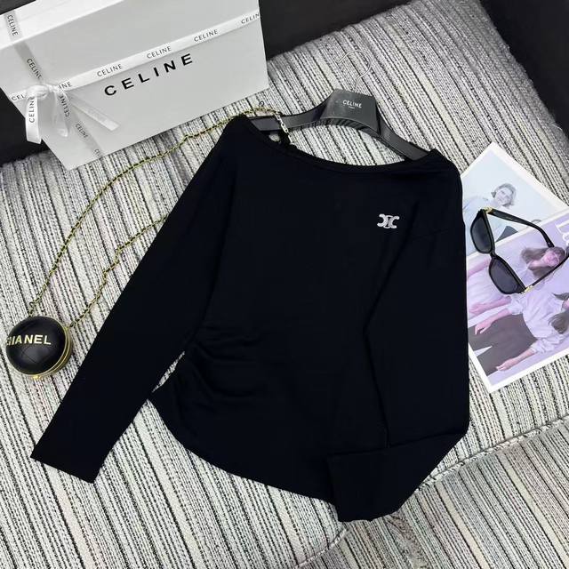 强烈推荐 25年早秋系列 Cel*新款字母烫钻斜肩长袖上衣 两色Sml