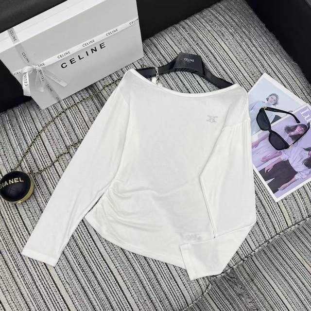 强烈推荐 25年早秋系列 Cel*新款字母烫钻斜肩长袖上衣 两色Sml