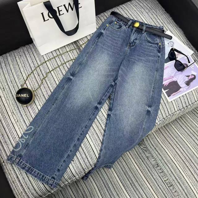 强烈推荐 25年早秋系列 Loe*新款Logo印花牛仔阔腿裤 搭配定制皮腰带 洗水颜色好看 Smlxl