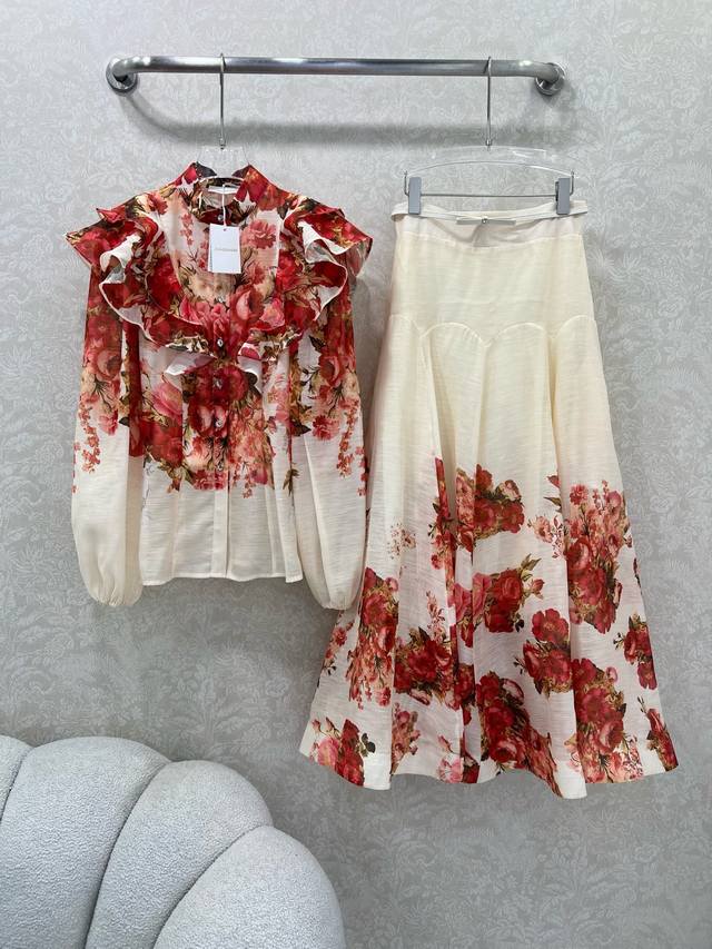 Zimmerman*兹 默曼 25新款小立领宫廷花边印花上衣+高腰超大摆蛋糕半裙套装 定位奢华的图案品质尽显，超高原单工艺，重工细节，完美复刻专柜款 高级感满满