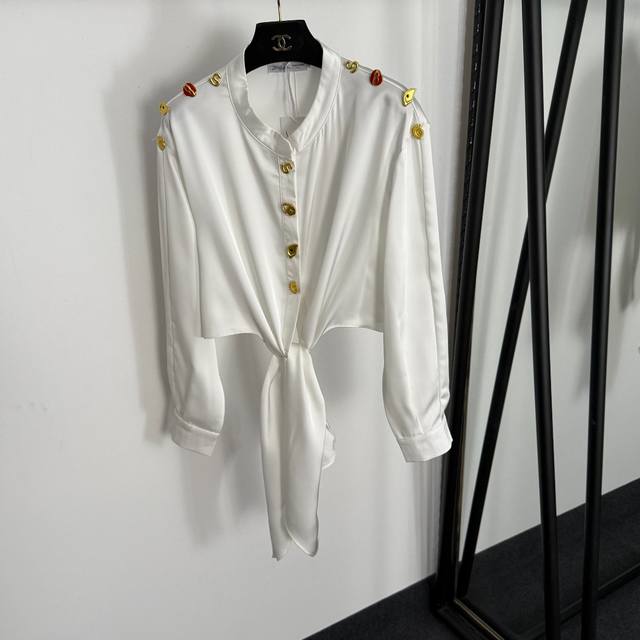 款号20255386 Schiaparelli*新款 高端定制异形金色纽扣 系结收腰长袖短款露脐衬衣，白色，咖啡色，黑色，粉色，S-Xl， M码；肩宽47，胸围