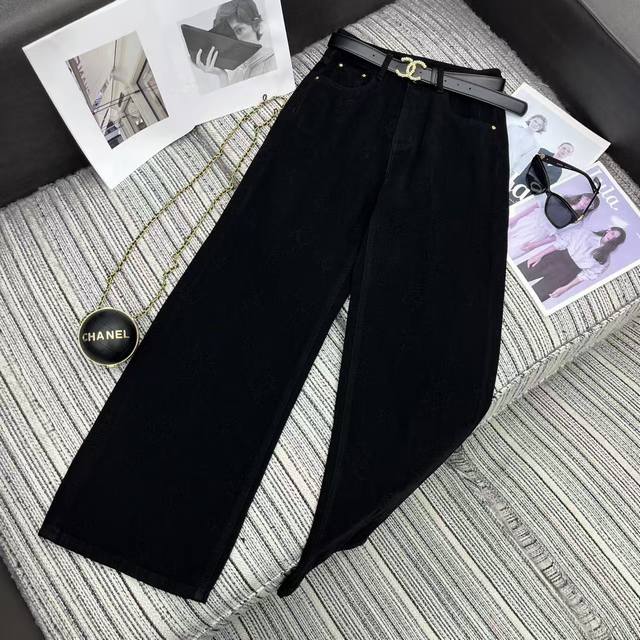 强烈推荐 25年早秋系列 Cha*新款双C Logo提花牛仔直筒裤 搭配定制皮腰带 两色Sml