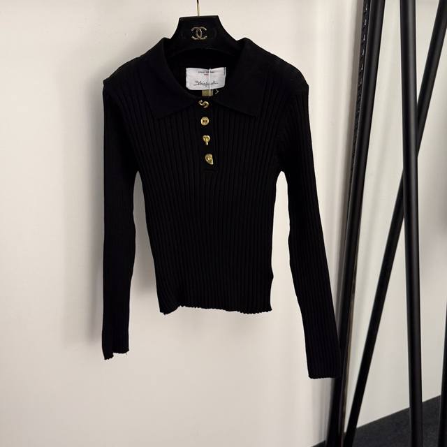 款号20256913 Schiaparelli*新款 高端定制异形金色纽扣翻领长袖修身针织衫上衣，白色，黑色，灰色，咖色，Sml， M码：胸围70，袖长62，长