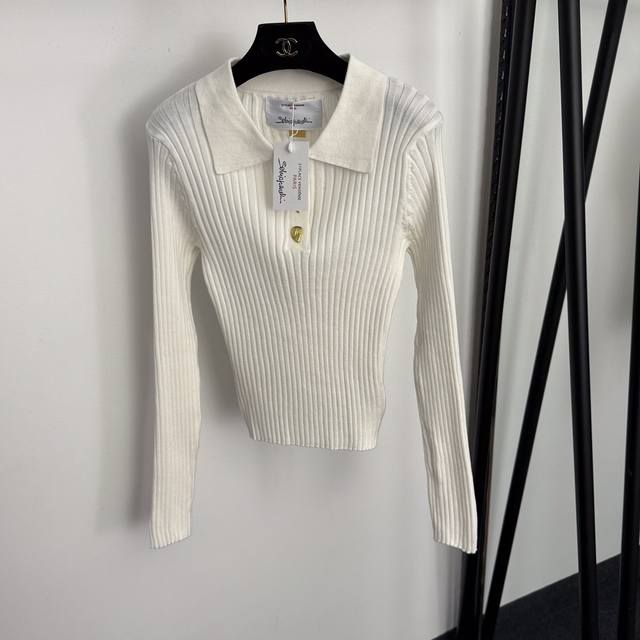 款号20256913 Schiaparelli*新款 高端定制异形金色纽扣翻领长袖修身针织衫上衣，白色，黑色，灰色，咖色，Sml， M码：胸围70，袖长62，长