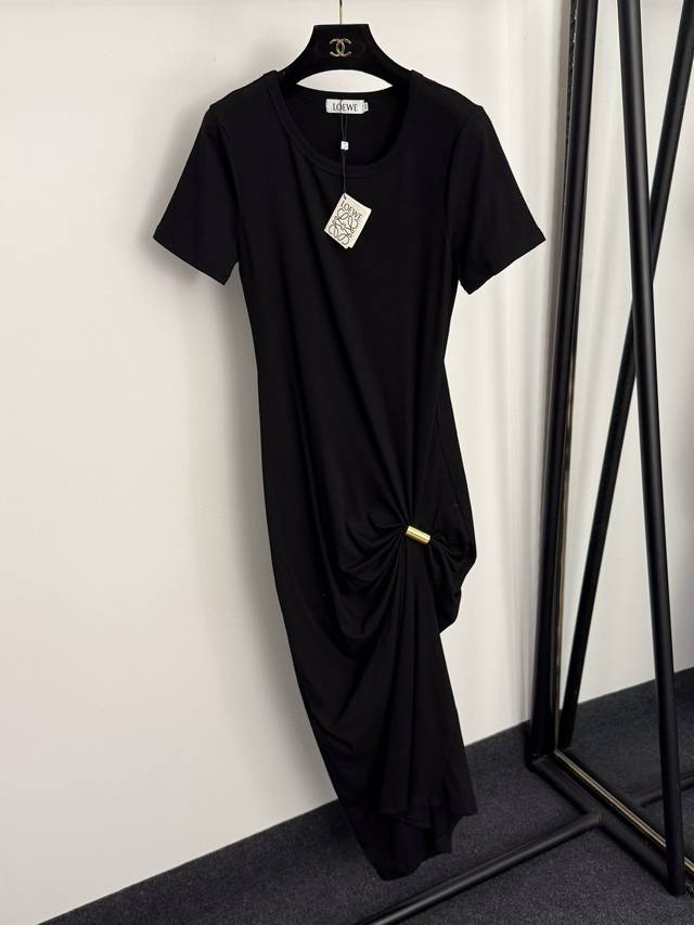 款号20256906 Loew*新款 Logo金属圈装饰 皱褶设计收腰短袖连衣裙，白色，咖色，黑色，灰色，S-Xl， M码：肩宽36，胸围80，袖长19，长12