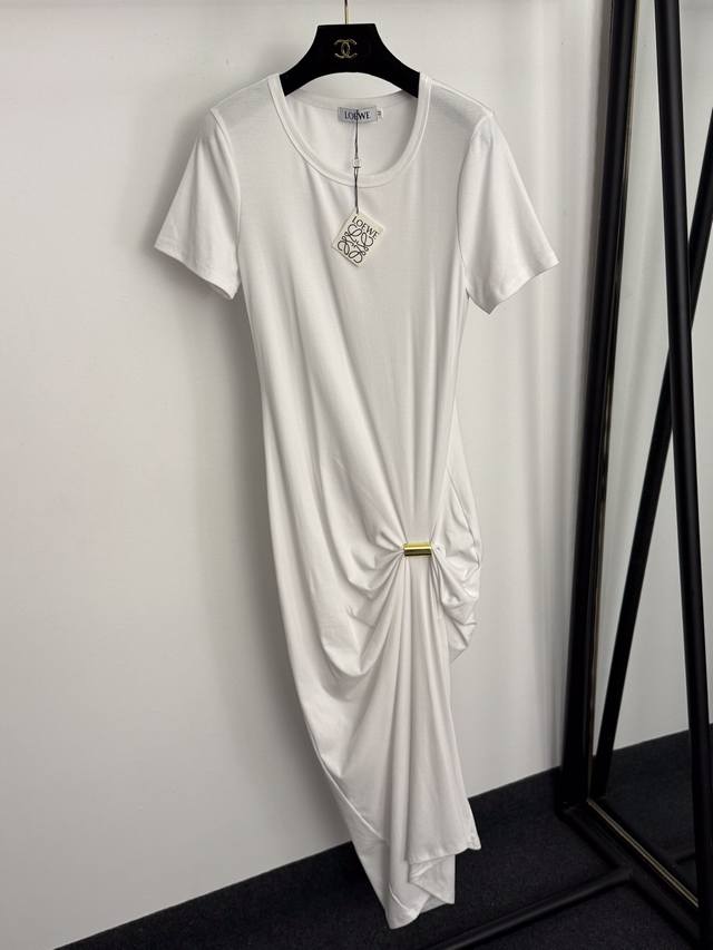 款号20256906 Loew*新款 Logo金属圈装饰 皱褶设计收腰短袖连衣裙，白色，咖色，黑色，灰色，S-Xl， M码：肩宽36，胸围80，袖长19，长12