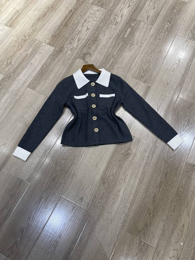 Self-Portrait 2025早春黑撞白翻领针织开衫上衣 Sml