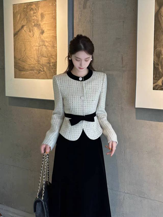 套装 爆款推荐，小香风名媛轻奢两件套装裙2025秋冬百搭小香外套丝绒半身裙时尚套装Smlxl