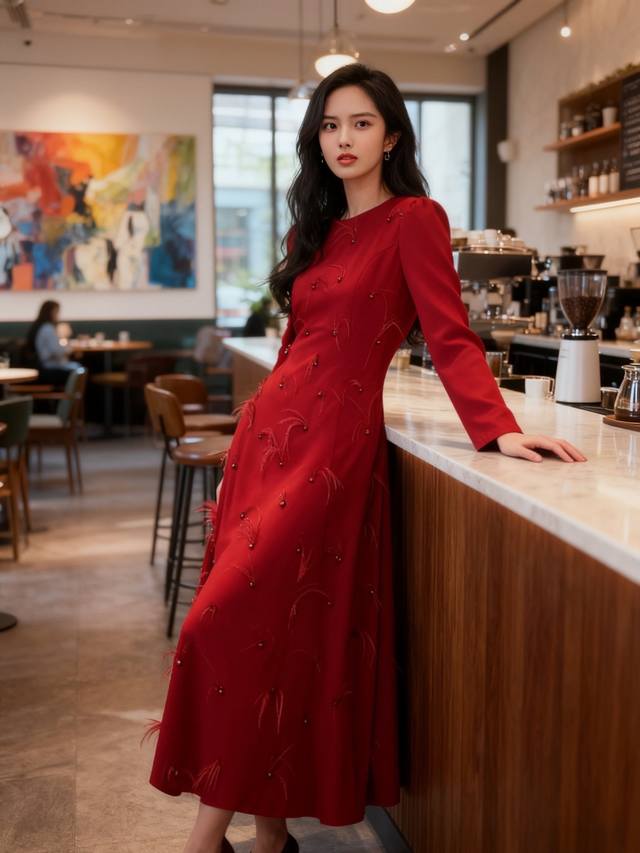 连衣裙 2670Aw 羽毛钉珠大摆裙 颜色:杏色 红色 尺码:M L Xl Xxl M码 肩宽38袖长62胸围96腰围82裙长136 这款连衣裙以优雅轻奢为核心