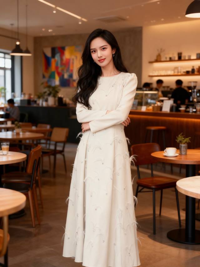 连衣裙 2670Aw 羽毛钉珠大摆裙 颜色:杏色 红色 尺码:M L Xl Xxl M码 肩宽38袖长62胸围96腰围82裙长136 这款连衣裙以优雅轻奢为核心