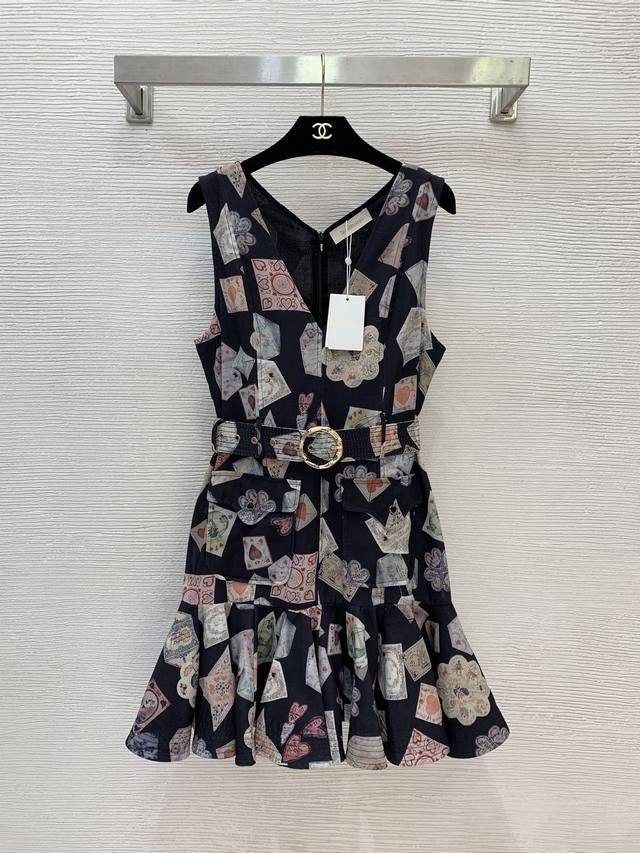 Zimmerma*N兹默曼澳洲品牌 高端定制棉麻混纺面料、明信片爱心贺卡图案印花荷叶边裙摆拼接时尚性感V领收腰显瘦无袖背心连衣裙配有腰带！黑色，1.2.3.4